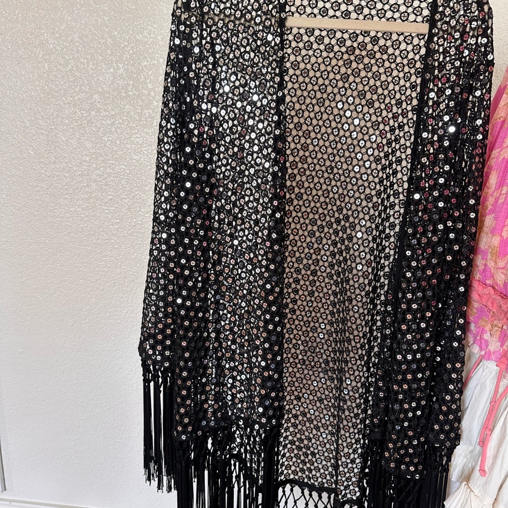 Elegant Black Sequin Fringe Cape